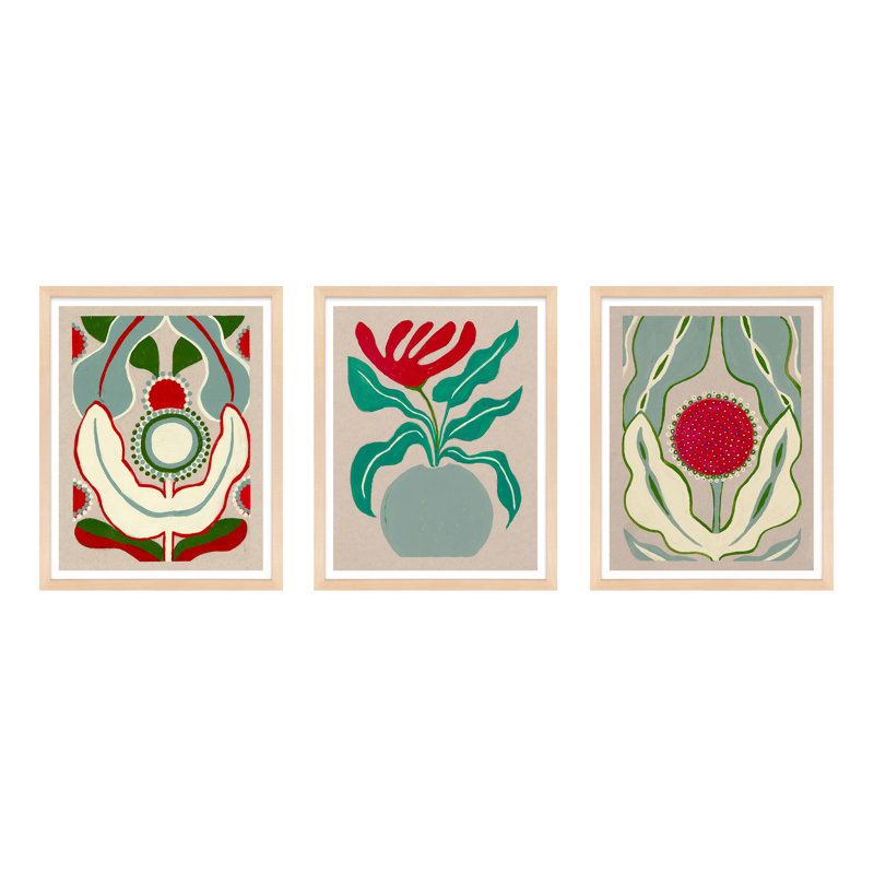 Magical Flowers. Set Of 3 Print by Andrea Stokes, Maple Framed Paper, 30" H x 24" W x 1.25" D