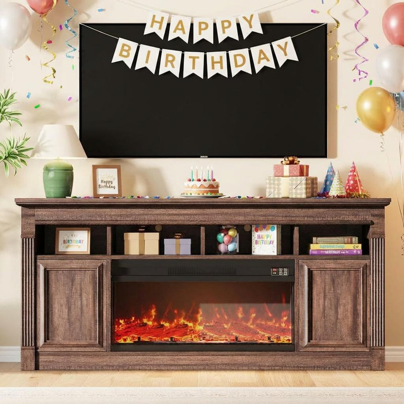 Meuble télé 67 po pour téléviseur de 75 po ou moins, centre de divertissement avec foyer électrique à cordon de 36 po, flamme 3D réaliste télécommandée, console avec tablettes de rangement