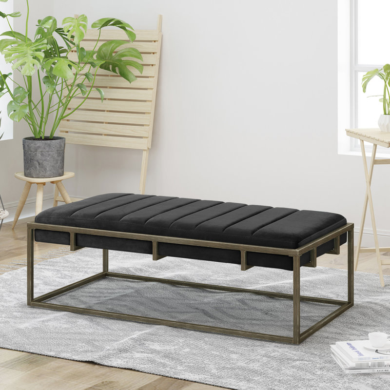 Upholstered Bench In Black Velvet - Modern Design, Channel , Comfortable Seating, 49 Depth With And Brass Finish Minimalist, 25 Width, 16 Height