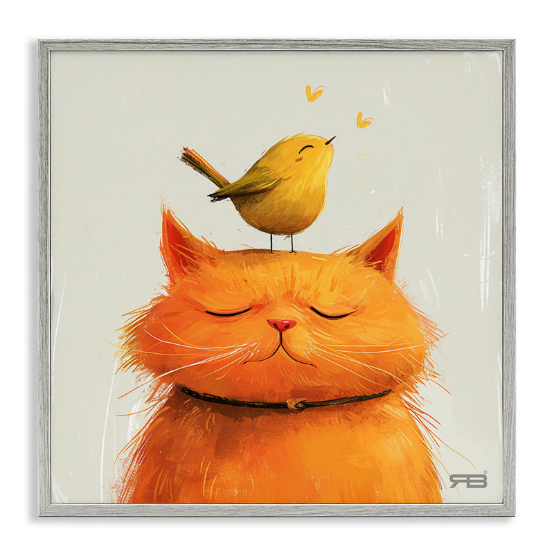 Oiseau perché sur un chat, estampe numérique par Roozbeh Bahramali, H 24 po x l 24 po, Estampe numérique Farmhouse