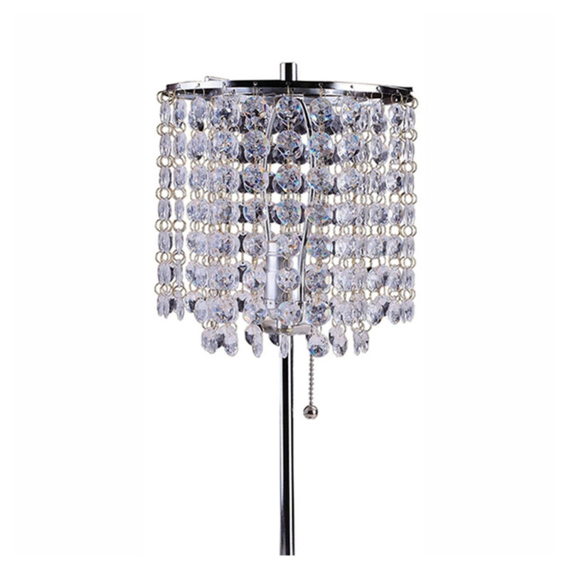 Lampe de table 20,25 po en métal argenté avec abat-jour en cristal et interrupteur à tirette