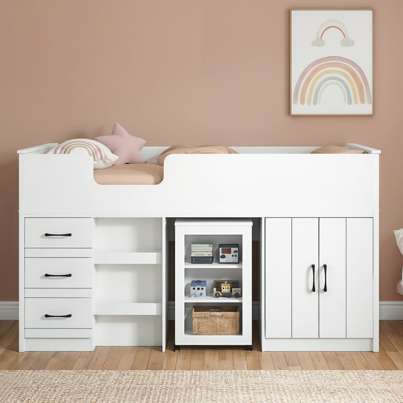 Limestone Single (3') Mid Sleeper Bed Frame with Built in Desk and Ladder, White
