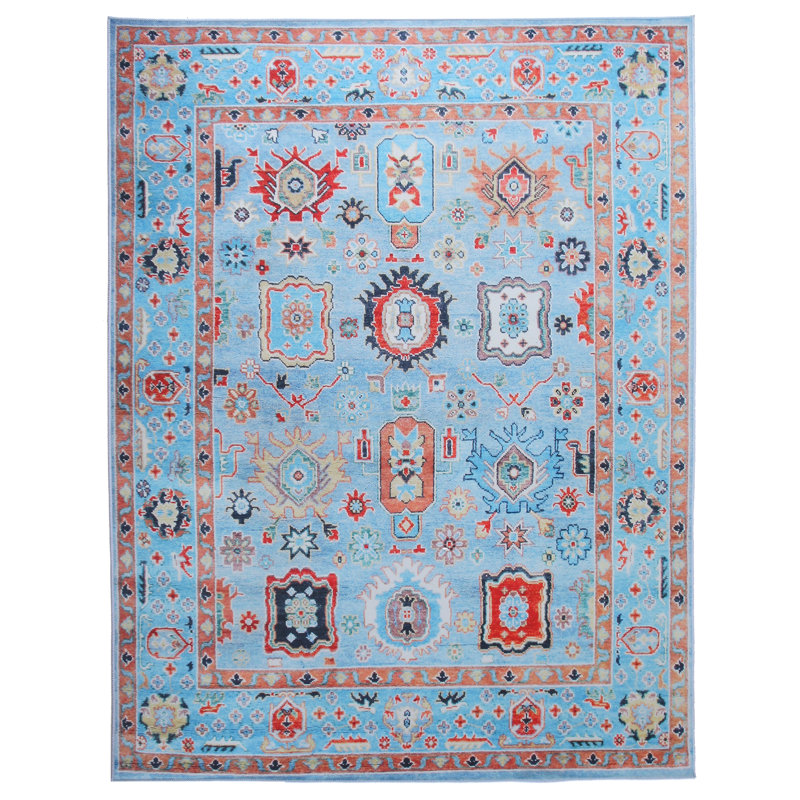 Square Modern Blue Oushak Machine Washable Area Rug with Built-in Padding and Non-Slip Backing, Rectangle 6' x 9'