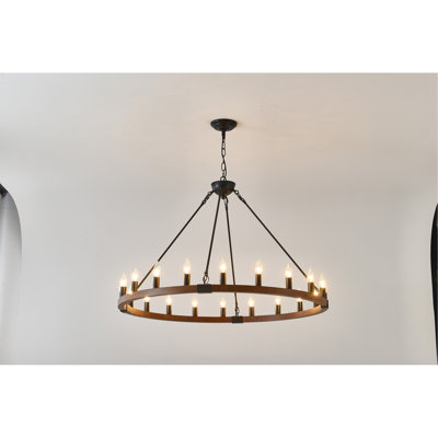 Luminaire suspendu de style maison de campagne moderne avec lustre en roue de chariot de 39,3 pouces avec 20 lumières suspendues pour le salon, la salle à manger, l'îlot de cuisine et le vestibule - AUCUN AMPOULE INCLUS - BOIS + noir mat
