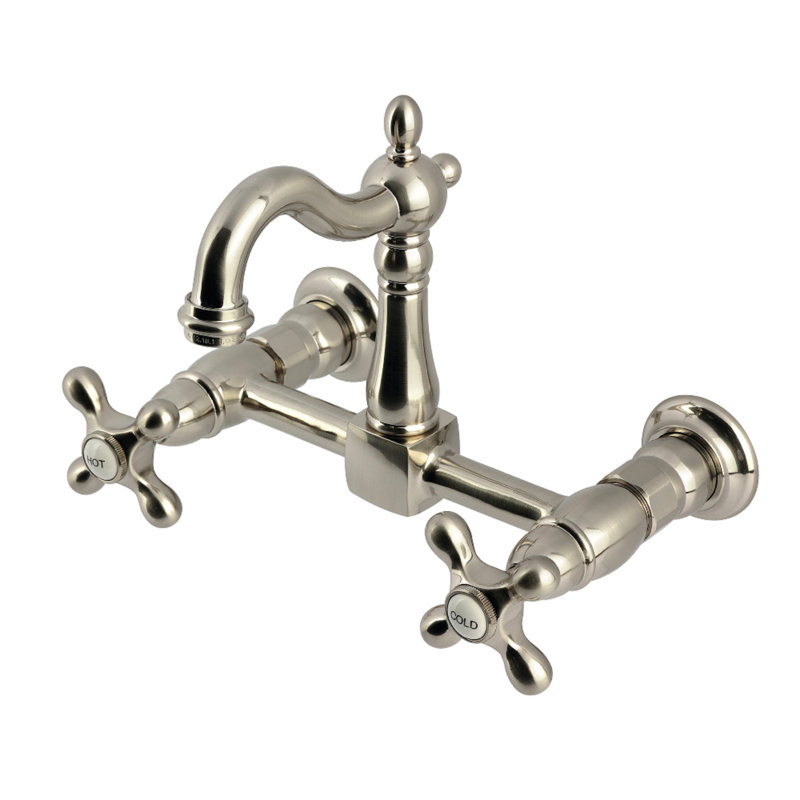 Kingston Brass Heritage Double-Handle 2-Hole Wall-Mount Bridge Kitchen Faucet, Brushed Nickel