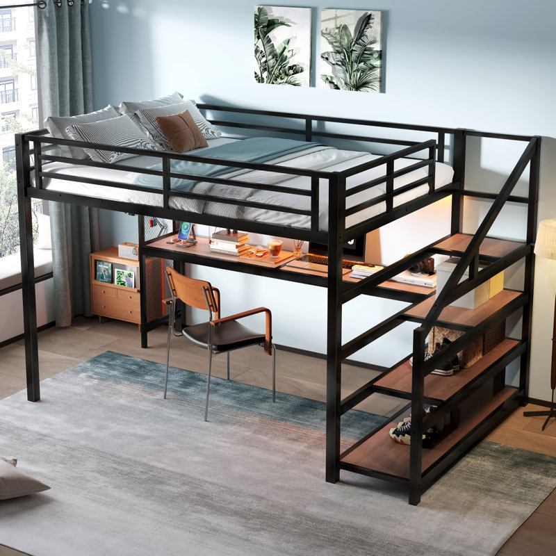 Grand lit mezzanine avec bureau et escalier de rangement, lits mezzanine en métal avec lumières DEL, ports USB, filets en fer multifonctionnels, aucune boîte à ressorts requise et silencieux, noir