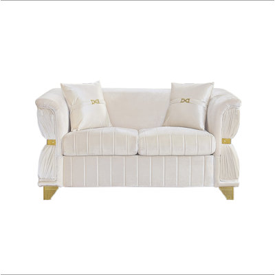 Canapé moderne en velours 61,8 po avec 2 coussins, canapé d'appoint rembourré avec garniture en métal doré, pieds fuselés dorés et accoudoirs courbés pour le salon, la chambre à coucher et un appartement