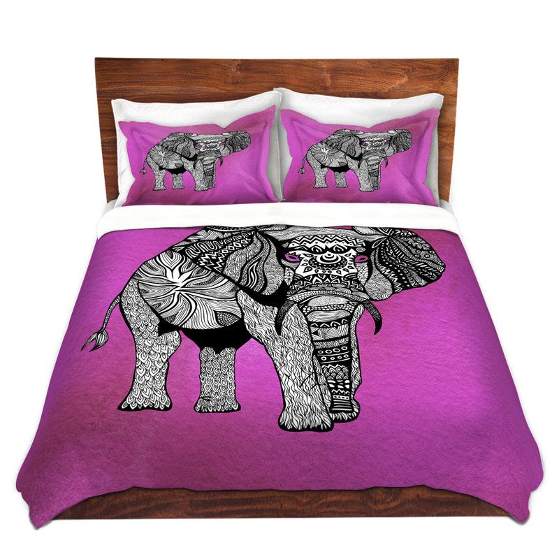 Ensemble de housse de couette Pom Tribal Elephant, 1 housse simple + 1 taie standard, Blanc / Gris / Sarcelle