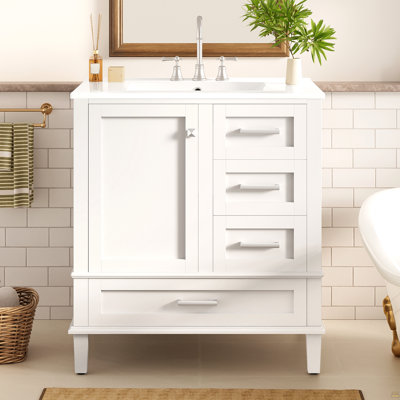 30" Bathroom Vanity, Modern Bathroom Cabinet with Sink Combo Set, Bathroom Storage Cabinet with 1 Soft-Closing Door and 3 Soft-Closing Drawers, Solid Wood Frame