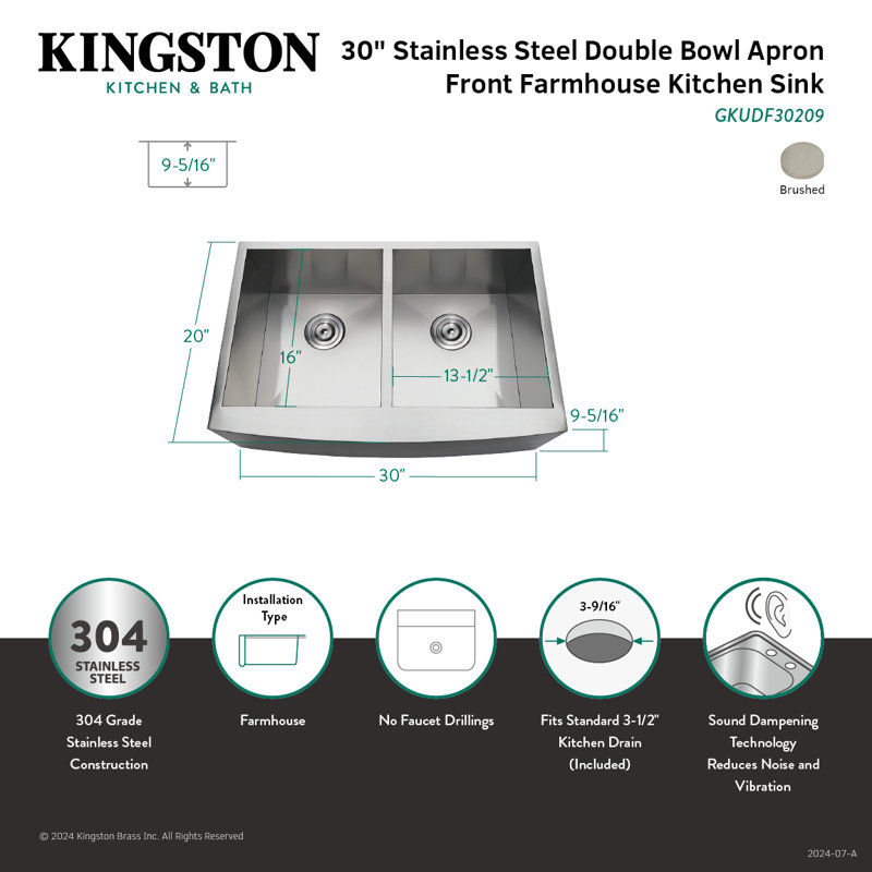 Kingston Brass Uptowne 30-Inch Stainless Steel Apron-Front Double Bowl Farmhouse Kitchen Sink