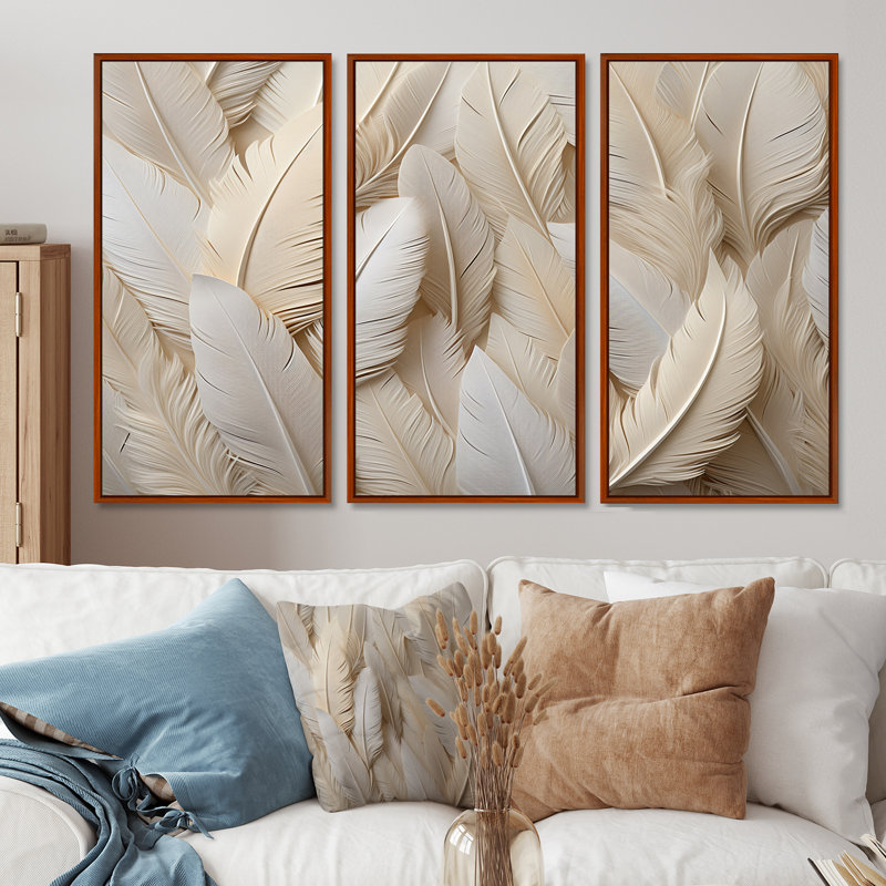 Feathery Plumes - Feathers Wall Art Set, 28" H x 36" W x 1" D, Brown Floater Framed