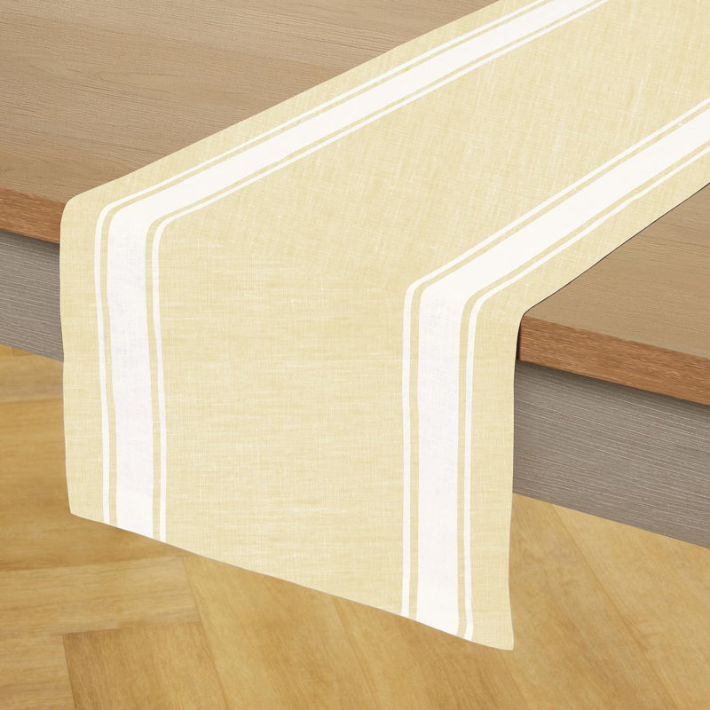 Country Stripe - 100% Pure Linen Table Runner, 132" x 14", Pale Khaki/White