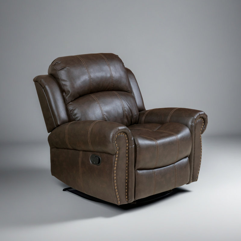 Faulks Manual Glider Recliner with Nailhead Trim, Dark Brown Faux Leather