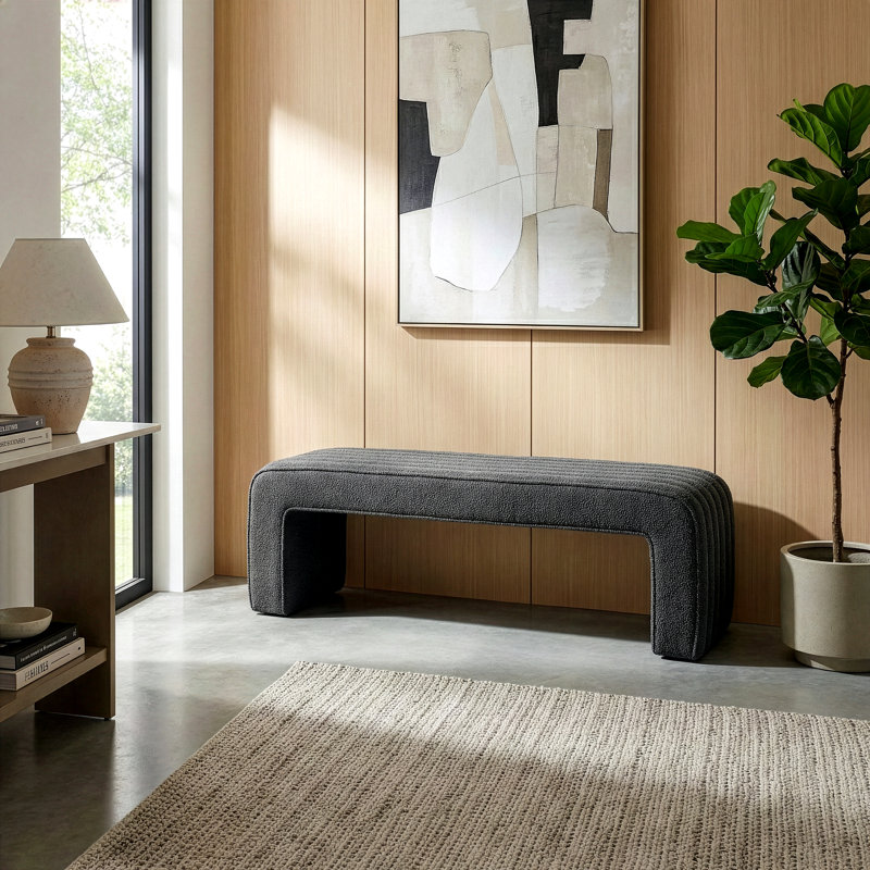 Benicia Boucle Upholstered Fabric Tufted Bench, Grey