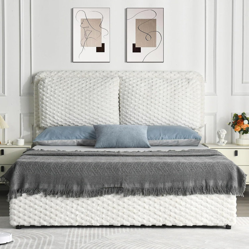 Cloud Bed Frame, Soft Bed Frame with 2 Pillow Headboard, Faux Fur Plush Upholstered Platform Bed Frame, White, Queen