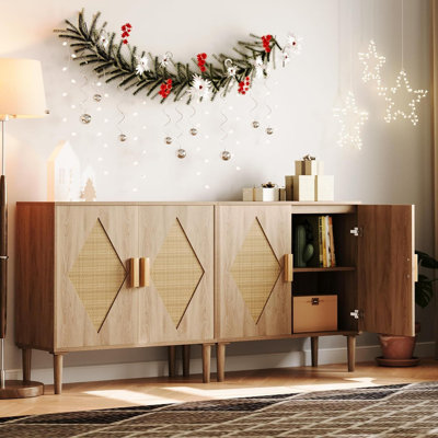 Buffet Cabinet with Storage, Sideboard with 2 Woven Rattan Doors, Adjustable Shelves & Sturdy Wood Feet, Particle Board Entryway Cabinet for Living Room, Kitchen, Entryway (Natural Wood)