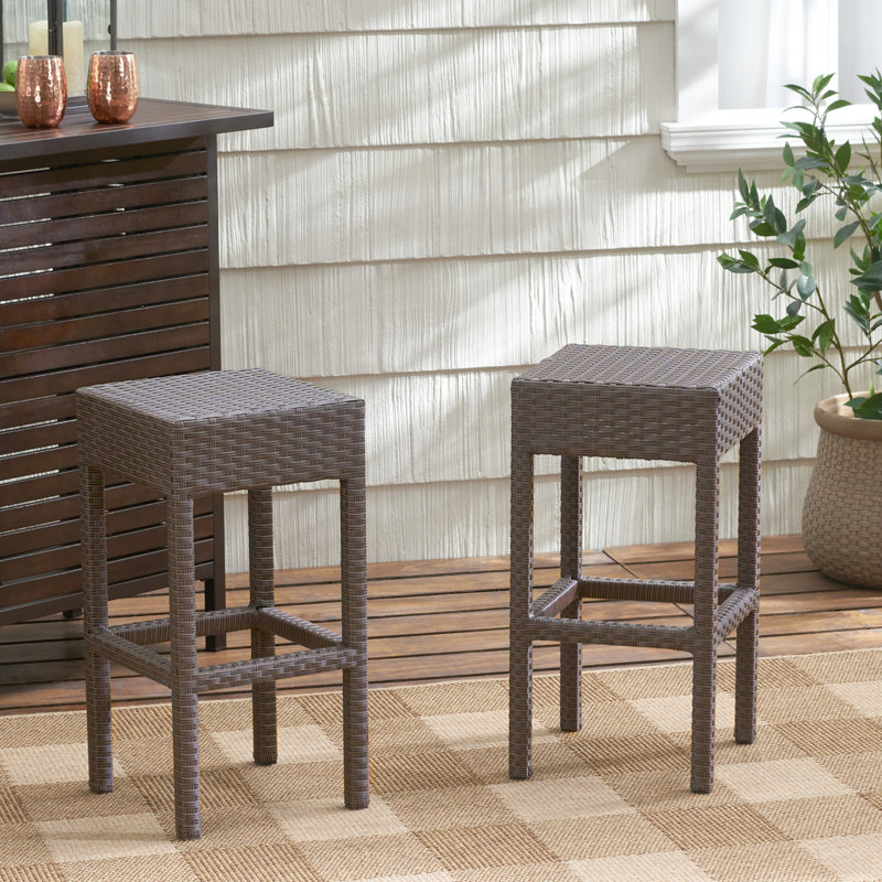 Outdoor PE Rattan Backless Barstools, Set of 2
