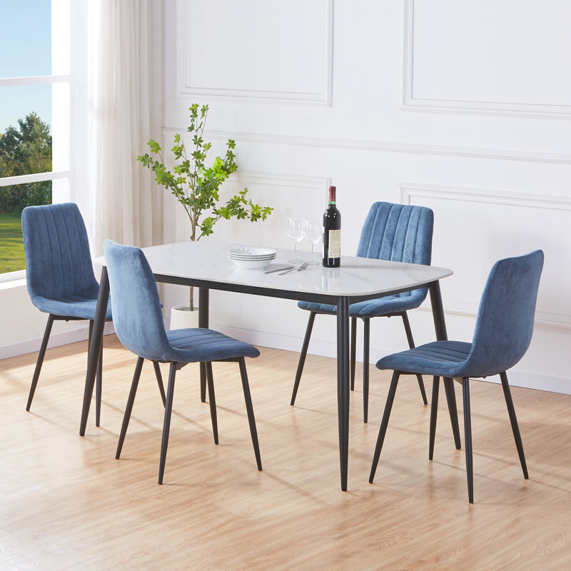  Aspen Sintered Stone Square Table with 2 Straight Stitch Upholstered Fabric Chairs - Modern Dining Set, Blue