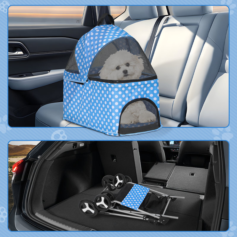 Sky Blue Polka Dot 3-in-1 Foldable Dog Stroller with Steel Frame