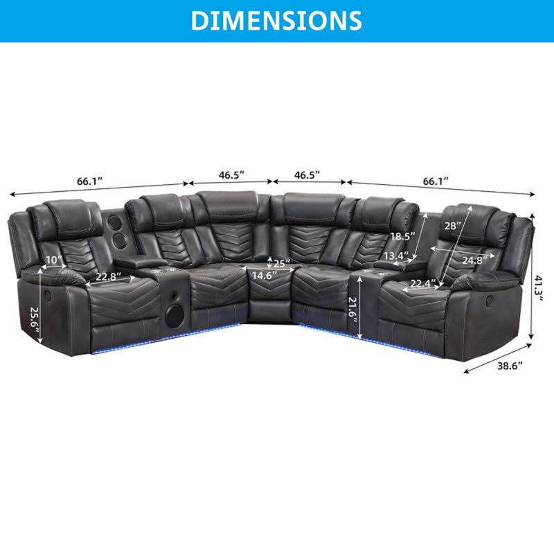 Keeshan 3 - Piece Faux Leather Power Reclining Sectional With Speaker and LED, Black Faux Leather