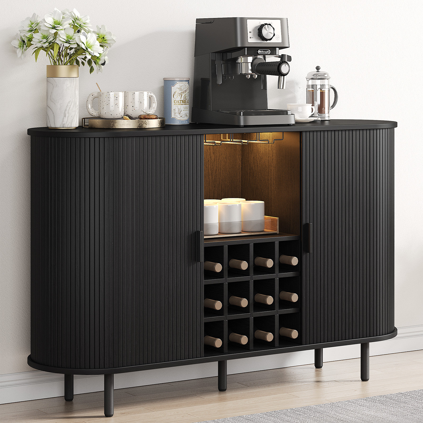 Wrought Studio™ 54.6'' Modern Bar Cabinet With Adjustable Shelves & RGB Lights, Wine Cabinet With Wine Glass Holder & Wine Rack & Reviews | Wayfair