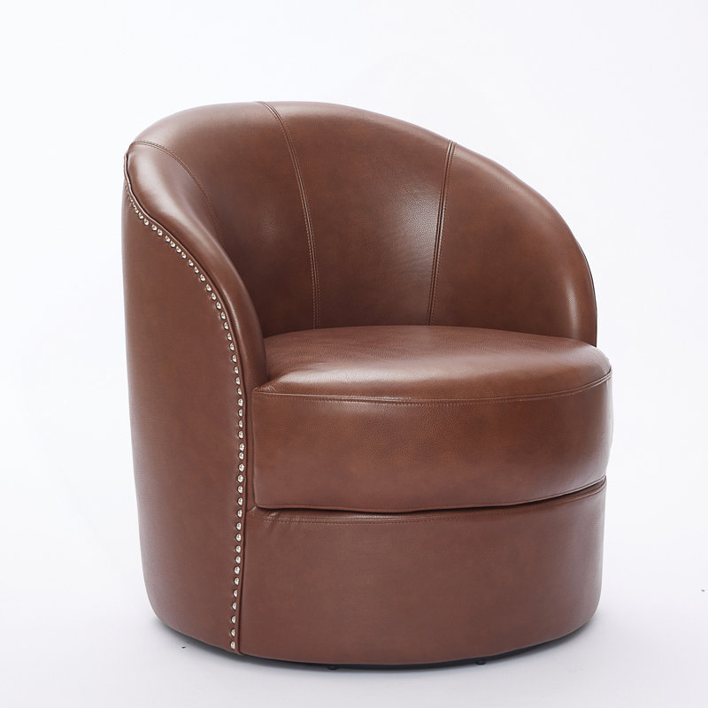 29'' Genuine Leather Swivel Barrel Chair, Brown