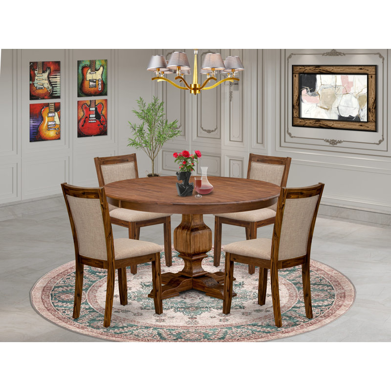L'ensemble de salle à manger 5 pièces se compose d'une table de cuisine à piédestal et de 4 chaises en lin brun clair avec dossier rembourré - noyer antique