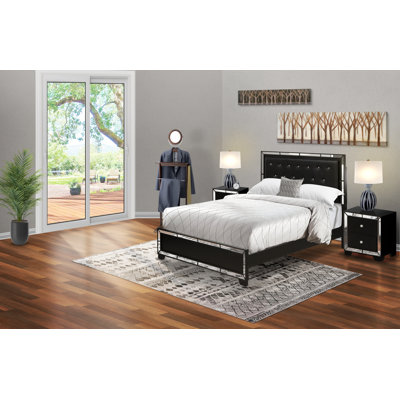 Ensemble de chambre à coucher 3 pièces Nella avec grand lit capitonné et 2 tables de chevet modernes Mid Century