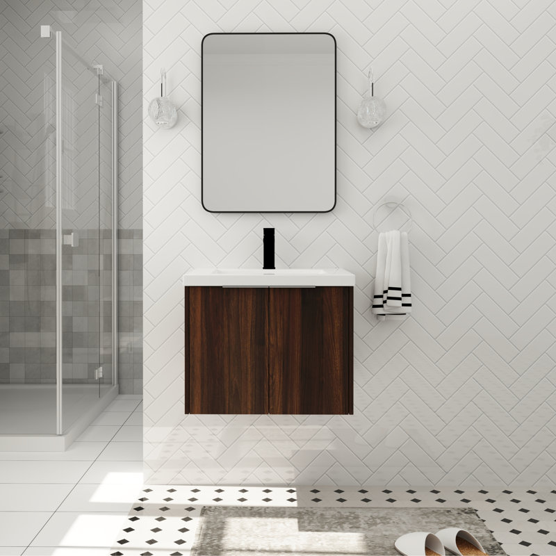 Meuble-lavabo mural simple 23,69 po avec plateau en résine Melihat, Brun