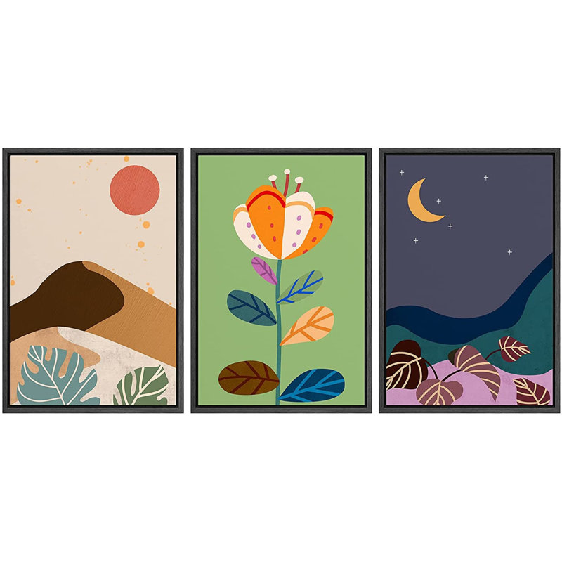 Multicolor Landscape Plants - 3 Piece Floater Frame Graphic Art on Canvas, Black, 24" H x 48" W x 1.5" D