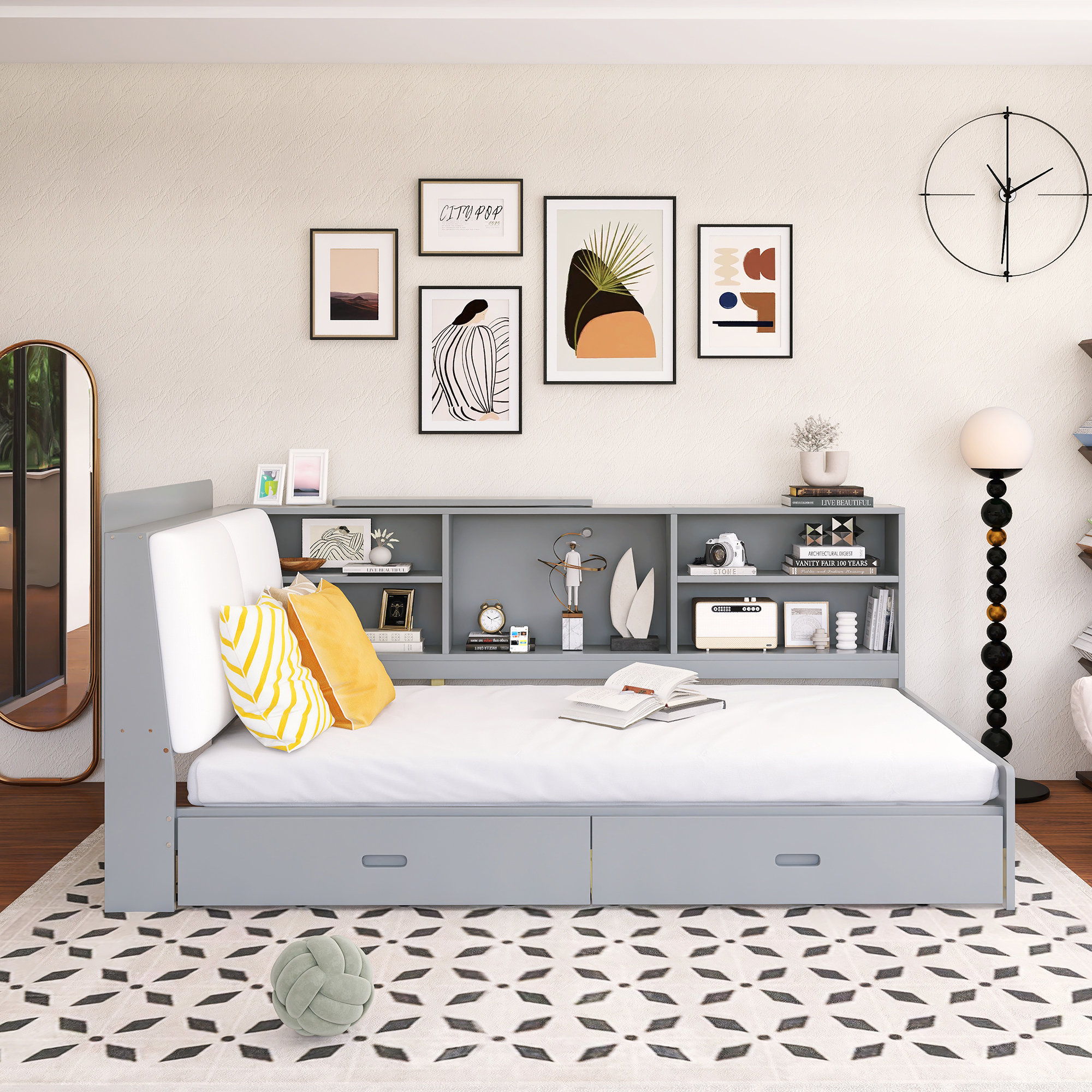 Gracie Oaks Wood Frame Twin Size Platform Bed With Storage Headboard ...