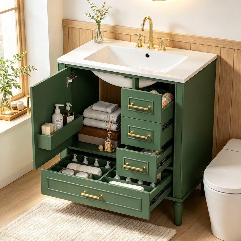 Ensemble de meuble-lavabo traditionnel vert de 30 pouces avec trois tiroirs, portes à fermeture douce et longues poignées en métal doré - idéal pour les petites salles de bain