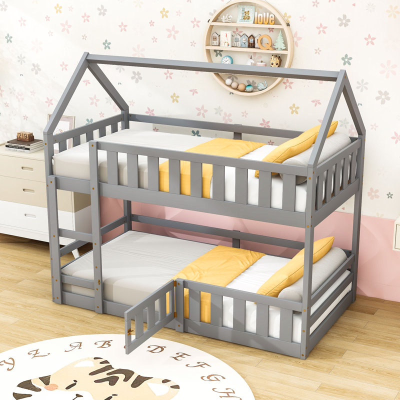 Twin Over Twin House-Shaped Bunk Bed With Ladder And Door, Gray