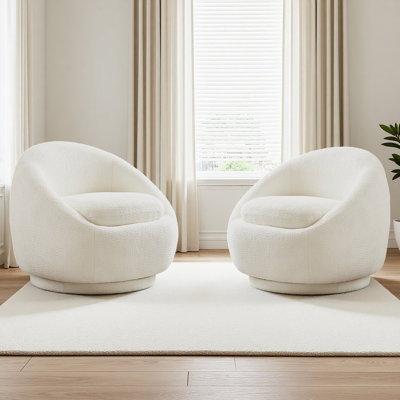 360 Degree Swivel Accent Chair, Cream Boucle Fabric, Modern Round Lounge Chair for Living Room Bedroom by Ebern Designs