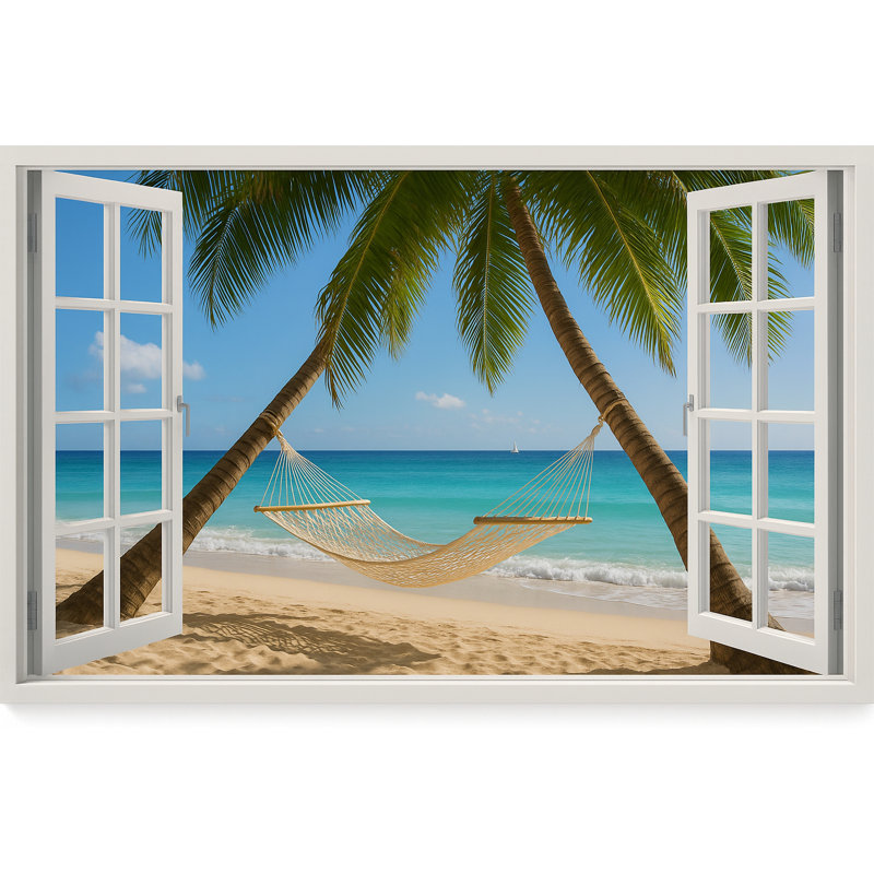 Hamac entre palmiers sur une plage tropicale, H 32 po x l 48 po