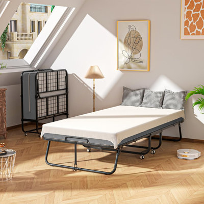 Folding Bed with Mattress, 75''L X 31''W Metal Rollaway Bed for Adults, Portable Foldable Guest Bed with Wheels and Dustproof Bag-5" Memory Foam Mattress
