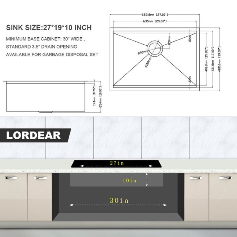 Undermount Kitchen Sink, 27" L x 19" W