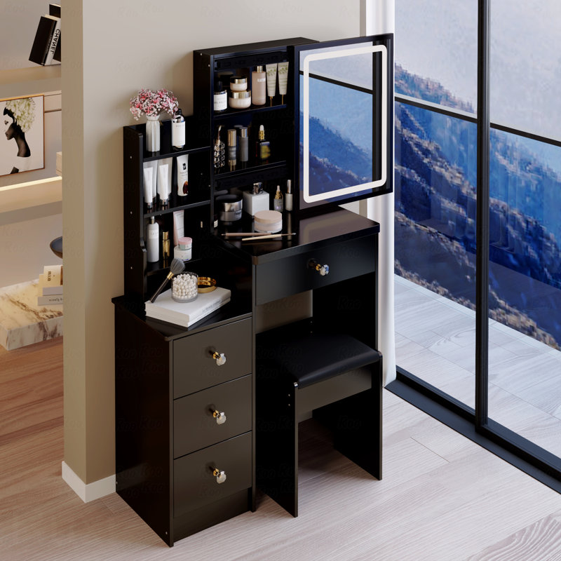 Petite coiffeuse de 29,2 po avec tabouret de chevet gauche + grand tabouret rembourré, commande tactile, interrupteur tricolore, miroir à luminosité réglable, rangement grande capacité, convient aux petits espaces