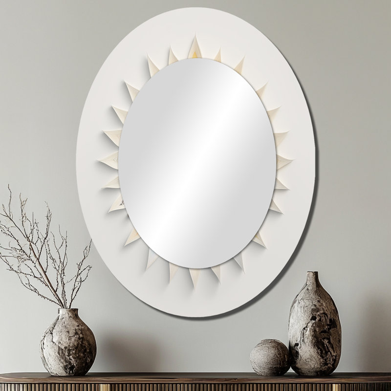 Visionary Dream Retro Mandala On White IX - White Modern Oval Wall Mirror, 40" x 30"