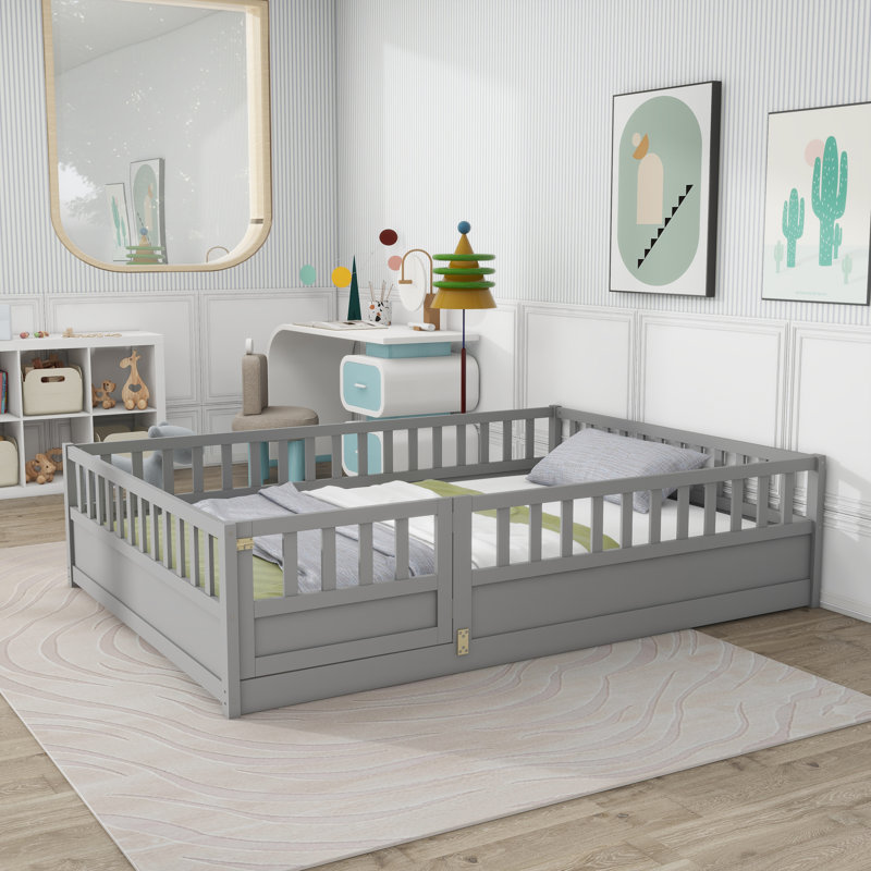 Full Size  Floor Bed, Integral Construction With Super High Security Barrier, Door, Children's Floor Bed Frame, Montessori Wooden Children's Floor Bed,  Grey