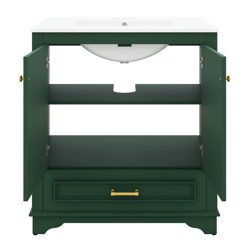 Meuble-lavabo autoportant de 30 po avec lavabo, meuble de rangement pour salle de bain avec portes à fermeture douce et tablette réglable, tiroir