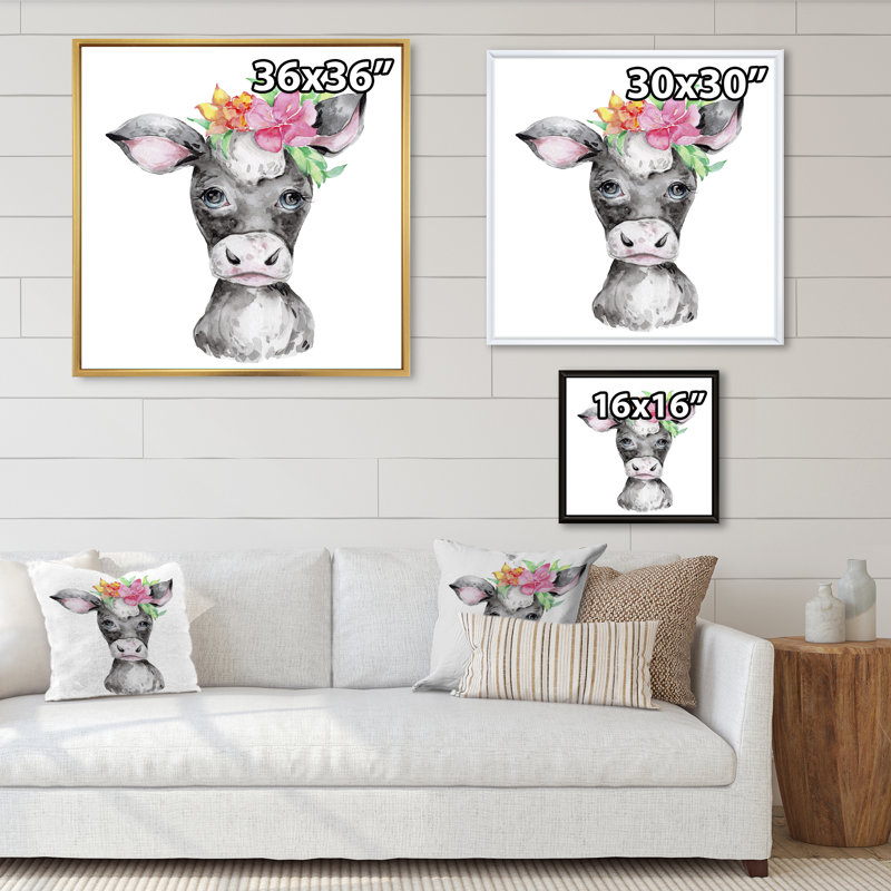 Mignonne caricature de vache, portrait floral - art mural pour enfants, décoration murale, H 36 po x l 36 po x P 1,5 po