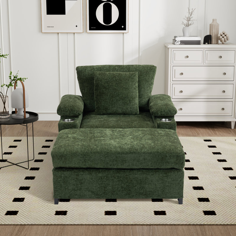 Fauteuil d'appoint surdimensionné en chenille avec repose-pieds, Chenille verte