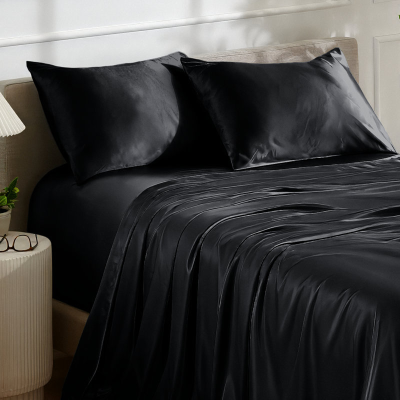 Ensemble de literie en satin, Noir, Ensemble de draps pour très grand lit avec 2 taie