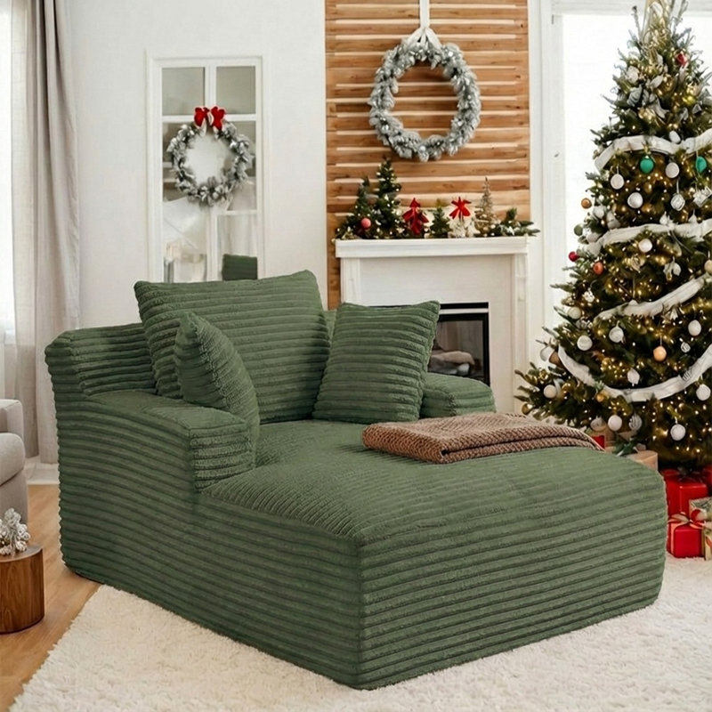 Boneless 66 Inch Chaise Lounge Chair Indoor, Oversized Corduroy Sleeper Chair with Throw Pillows, Upholstered Reading Chairs Boneless Deep Seat Sleeper Couch for Living Room, Bedroom, Movie Room