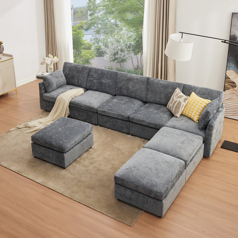 128.61" Modern 8 Seats Upholstered Cloud Sectional Sofa With Ottomans, Gray Chenille