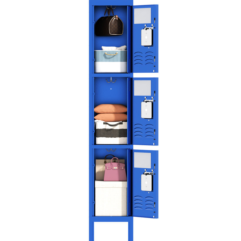 Casier en métal bleu avec 3 portes pour le garage et le bureau à domicile - Conception à trois compartiments, trous de ventilation, accessoires utiles en acier laminé à froid, crochets intérieurs