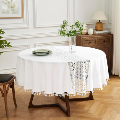 Heavy Poly Cotton Round Crochet Tablecloth With Tassels For Farmhouse Décor