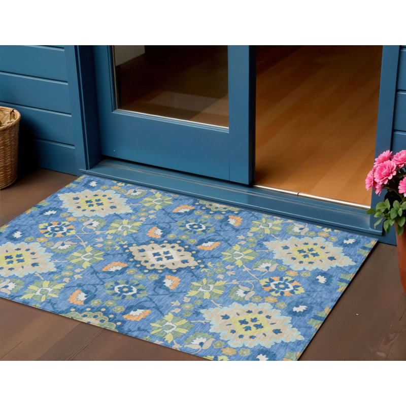 3' X 5' Blue Green And Orange Oriental Washable Indoor Outdoor Area Rug