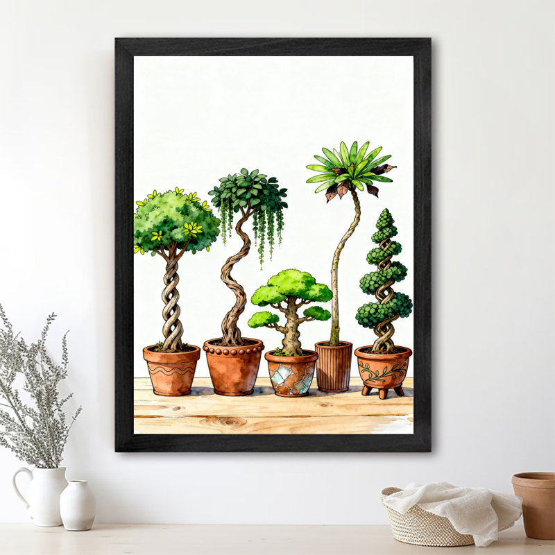 Reproduction d'art encadré noir avec quatre plantes de bonsaï de différentes formes, H 17 po x l 13 po